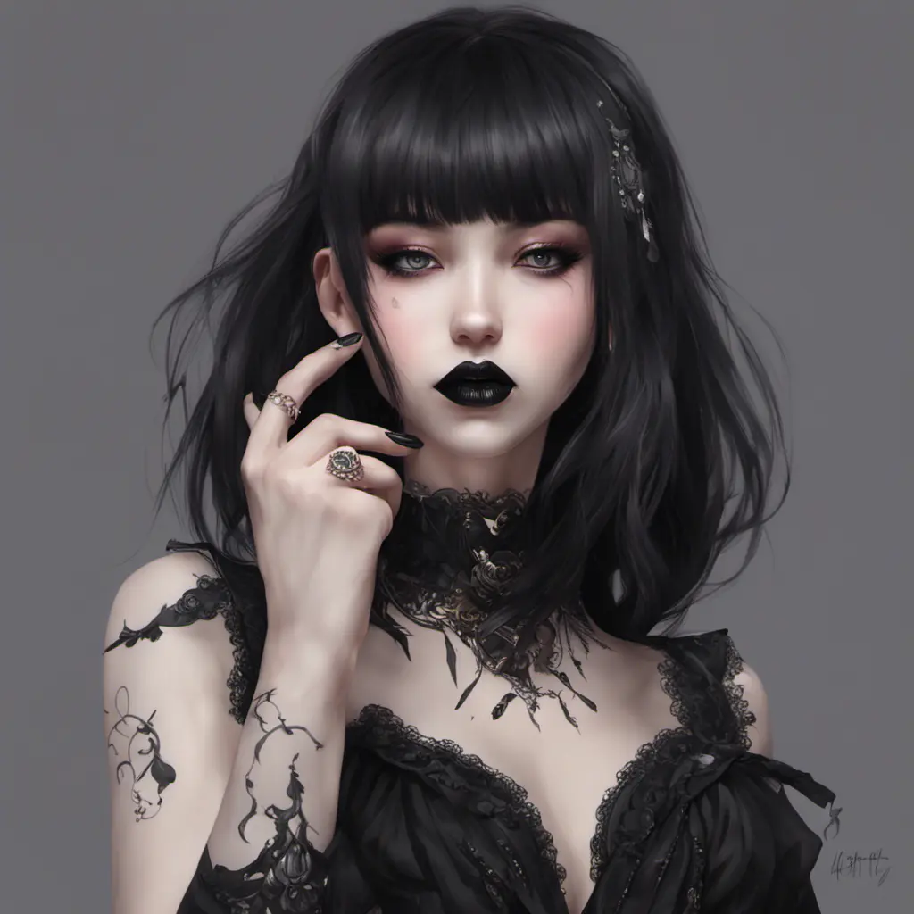 E-girl, fully body, black hair, bangs hairstyle, pale skin, high detail, highly detailed, digital painting, blank background, black fingernails on fingers, black lipstick, 8k, Gothic and Fantasy, Trending on Artstation