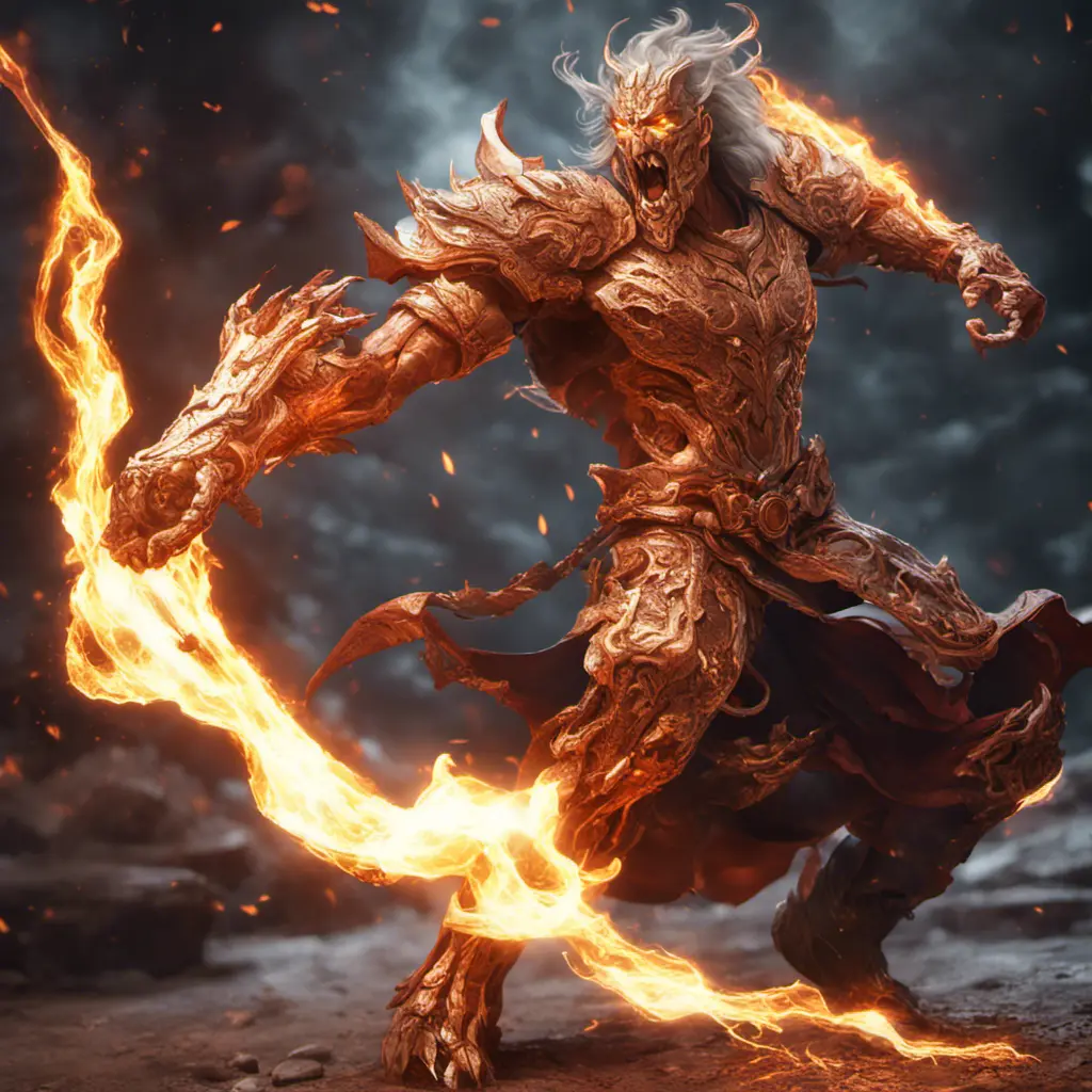 "legendary fire god" fighting "legendary lightening god", combat scene action, 8k, Intricate Details, Trending on Artstation, Sci-Fi, Unreal Engine, Volumetric Lighting