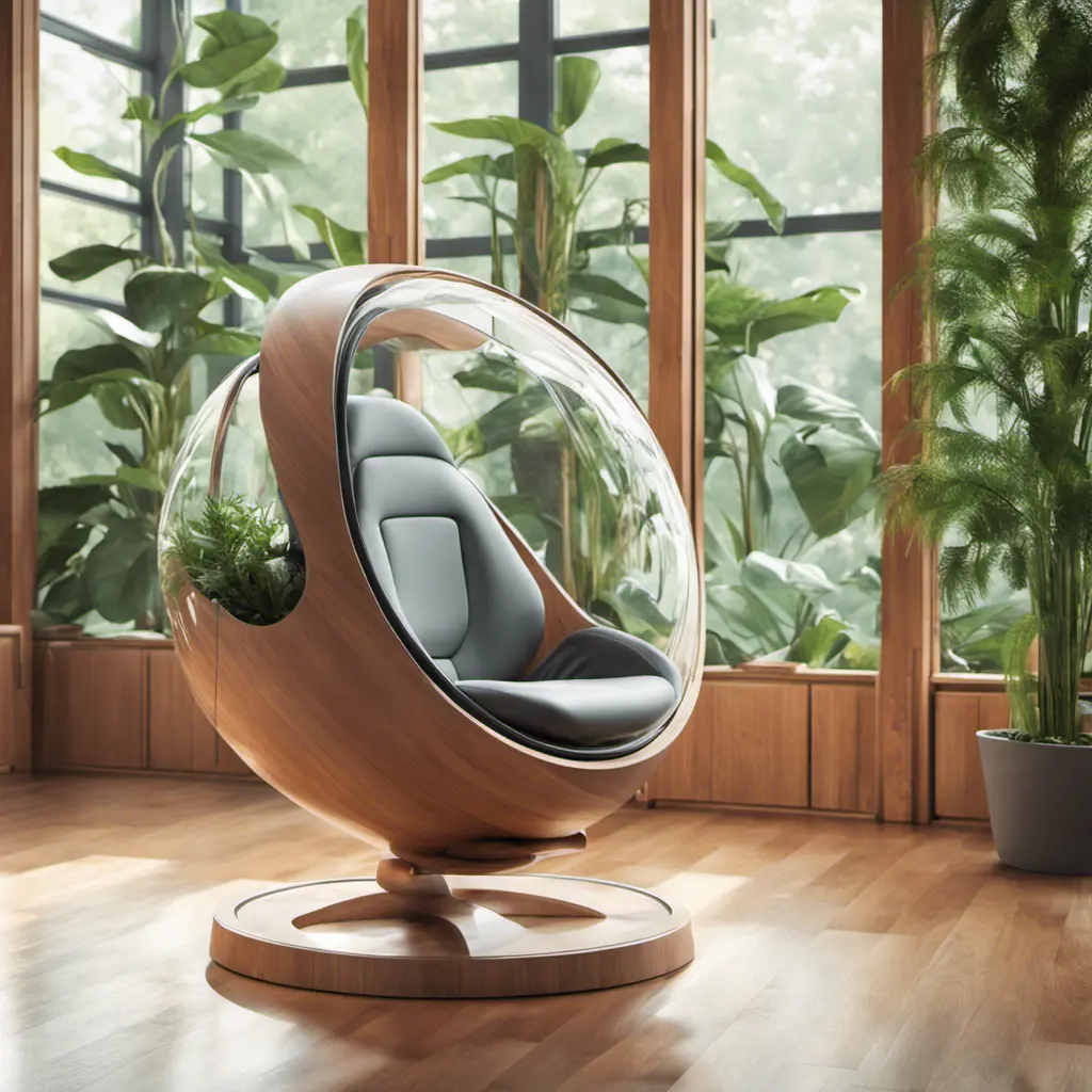 Futuristic sci-fi pod chair, Flat Design, Product-View, transparent orb, product photography, plants, natural wooden environment, 8k, Sci-Fi, Natural Light