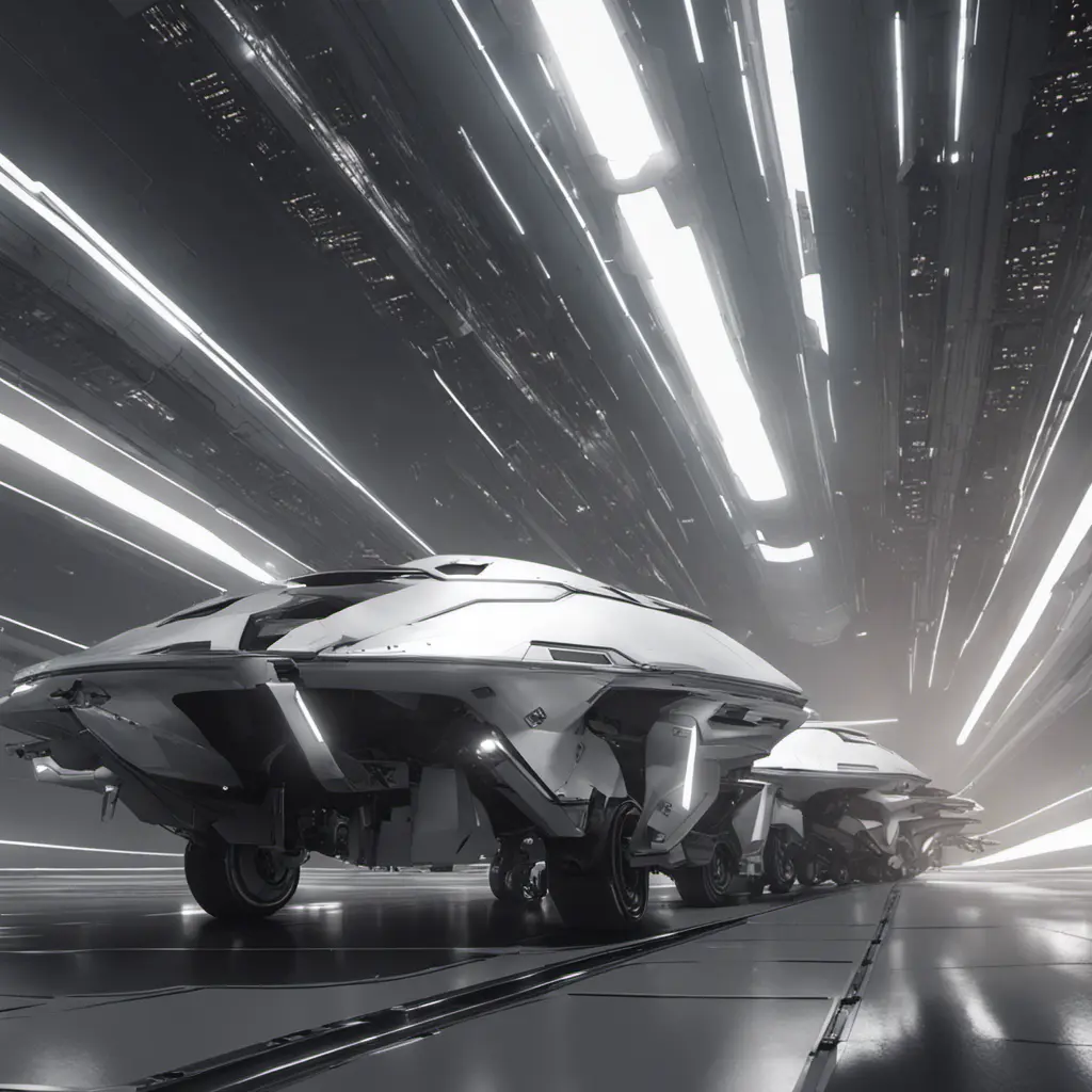 One with a spacecraft parked next to another, in the style of monochromatic compositions, dynamic action sequences, wlop, vray, silver and black, streamline elegance, hisui sugiura, Sci-Fi, Volumetric Lighting