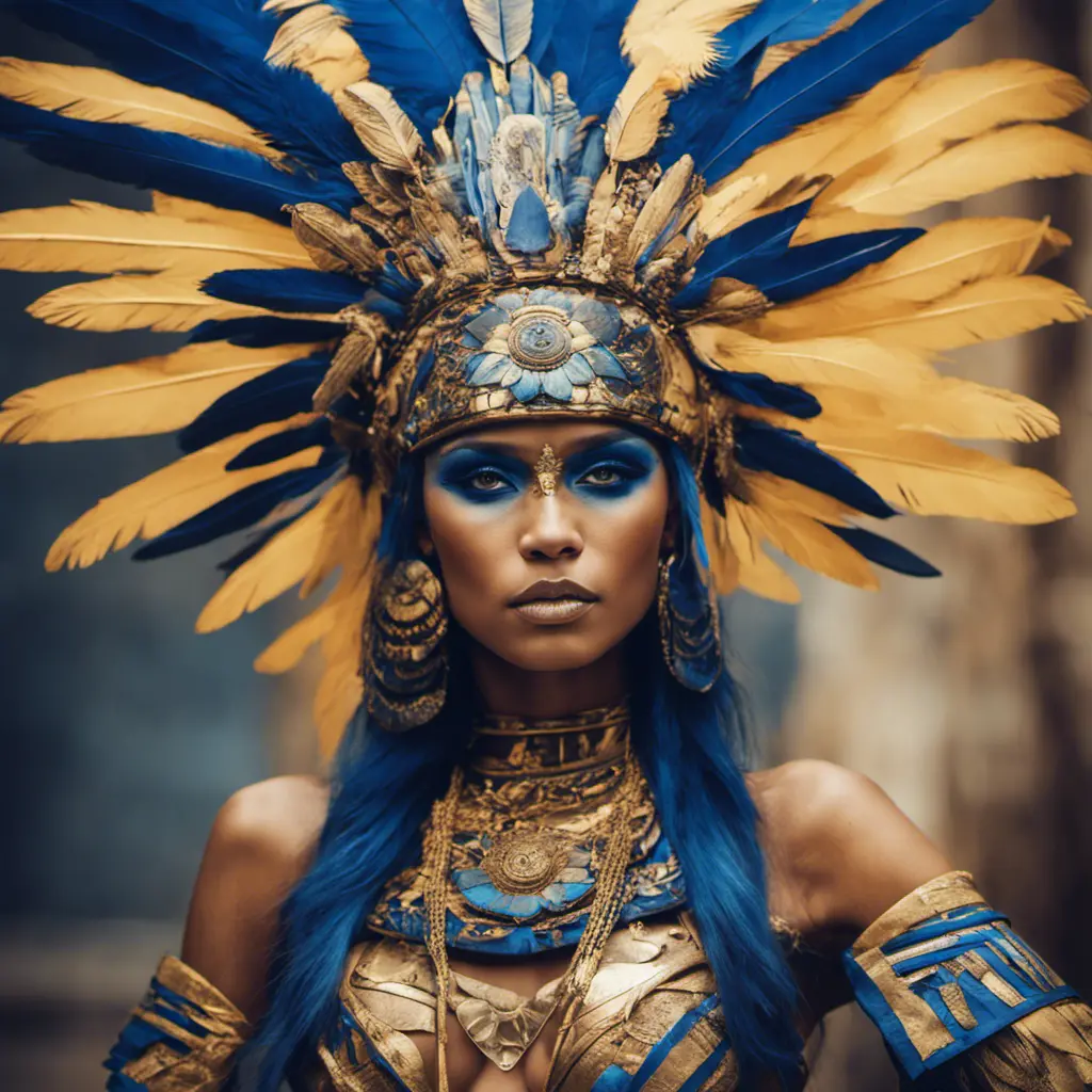 A tan skin Mayan queen all blue and gold elaborate outfit, with huge headpiece center piece, blue/gold makeup with oversized headdress with long bird feathers, with depth of field, fantastical edgy and regal themed outfit, Minimalism, Vibrant Colors, Fantasy