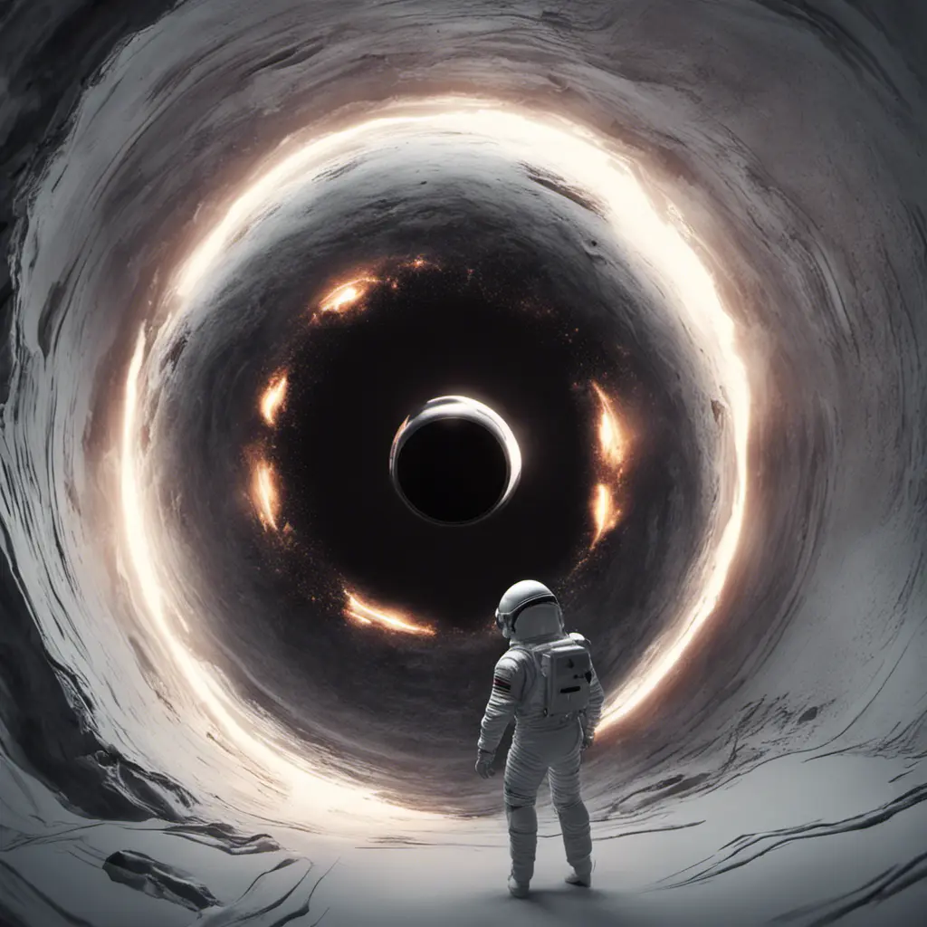 Digital art of Black hole containing strange object astronaut, Sci-Fi, Volumetric Lighting