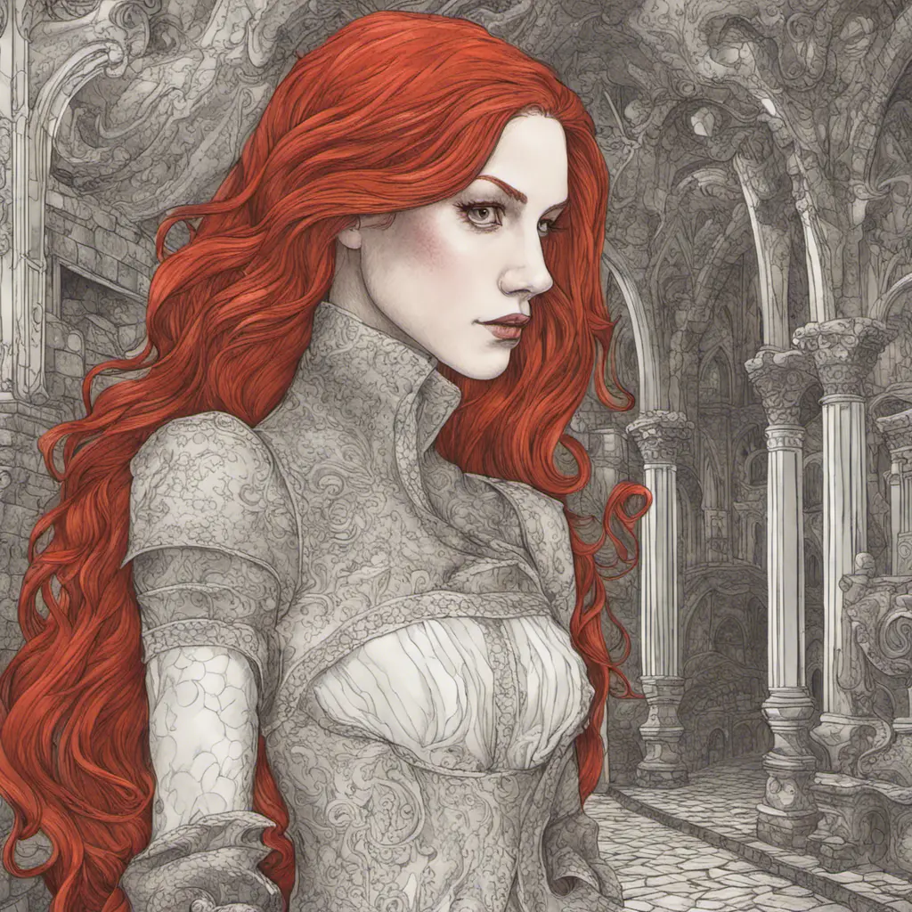 Woman with draconian traits and red hair in a haunted castle, Intricate Details, Fantasy