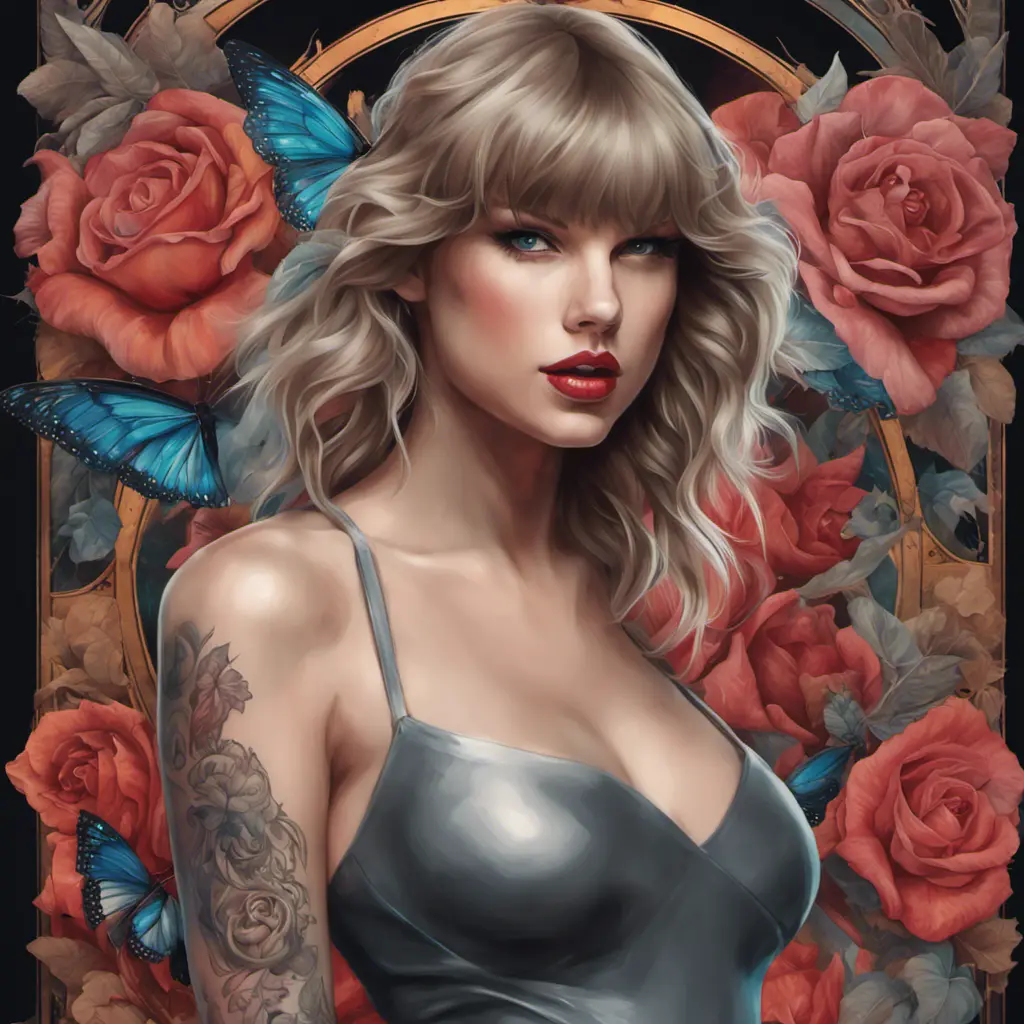 Matte portrait of Taylor Swift with colored tattoos, 4k, Highly Detailed, Powerful, Alluring, Artstation, Magical, Digital Painting, Photo Realistic, Sharp Focus, Grayscale, Volumetric Lighting, Concept Art by Stanley Artgerm Lau, Alphonse Mucha, Greg Rutkowski