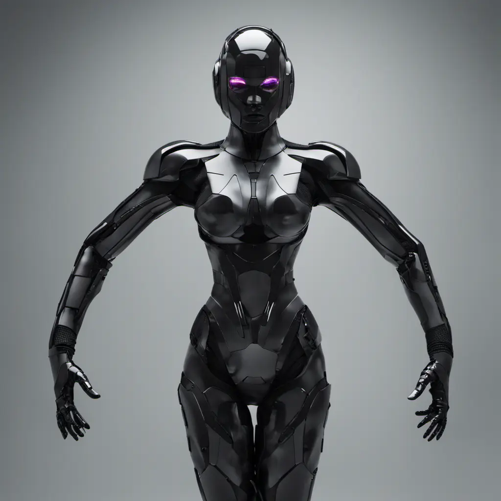 An ultrarealistic photograph of a minimalist futuristic full body power suit, without lights, made of black mate metal and polymer, full crystal hull, for a fit imposing woman, 8k, Dystopian, Modern, Minimalism, Elegant, Dark