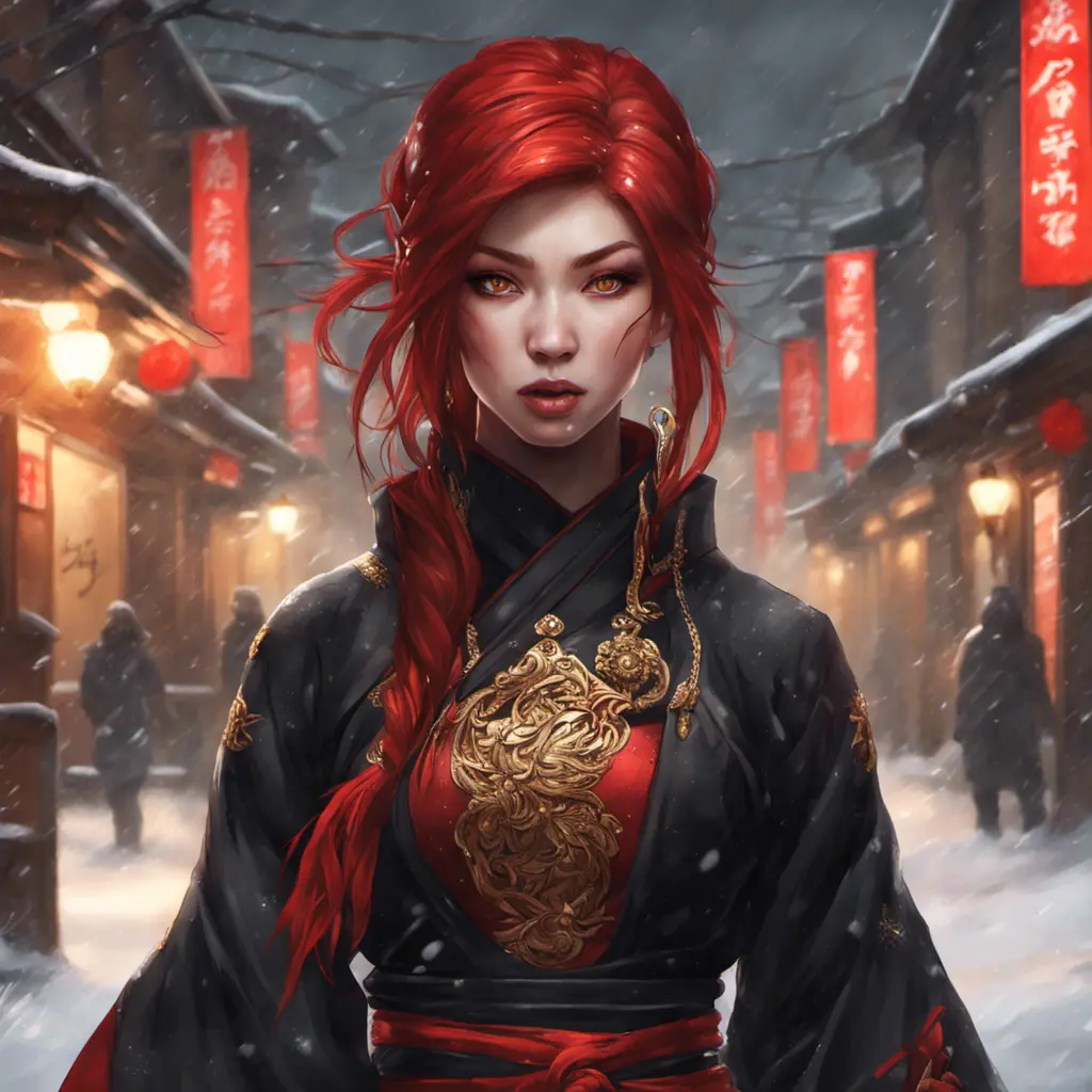 Mysterious beautiful kunoichi ninja wearing black, red, and gold jewelry in the streets of a dark snowy town in russia, 8k, Intricate Details, Trending on Artstation, Red Hair by Stanley Artgerm Lau, WLOP