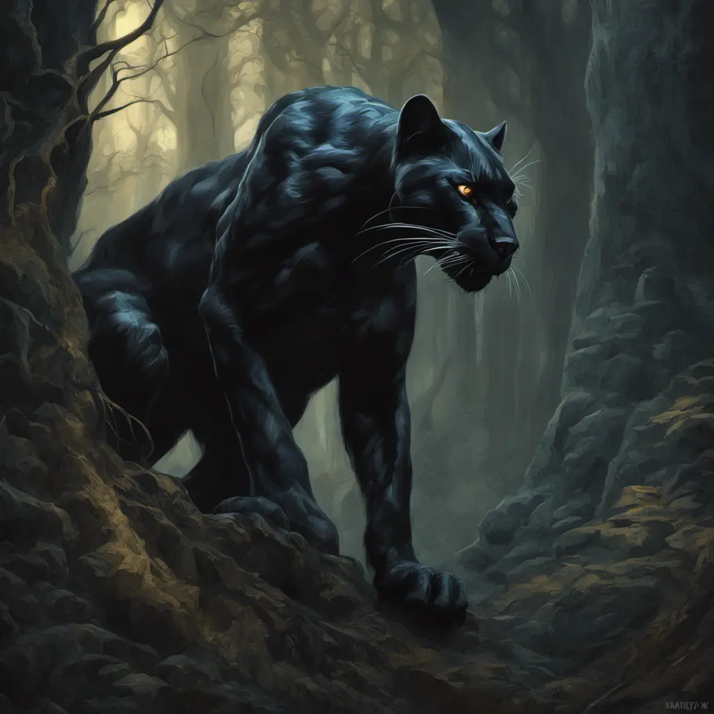 Panther in a haunted forest, Highly Detailed, Intricate, Gothic, Volumetric Lighting, Fantasy, Dark by Stanley Artgerm Lau