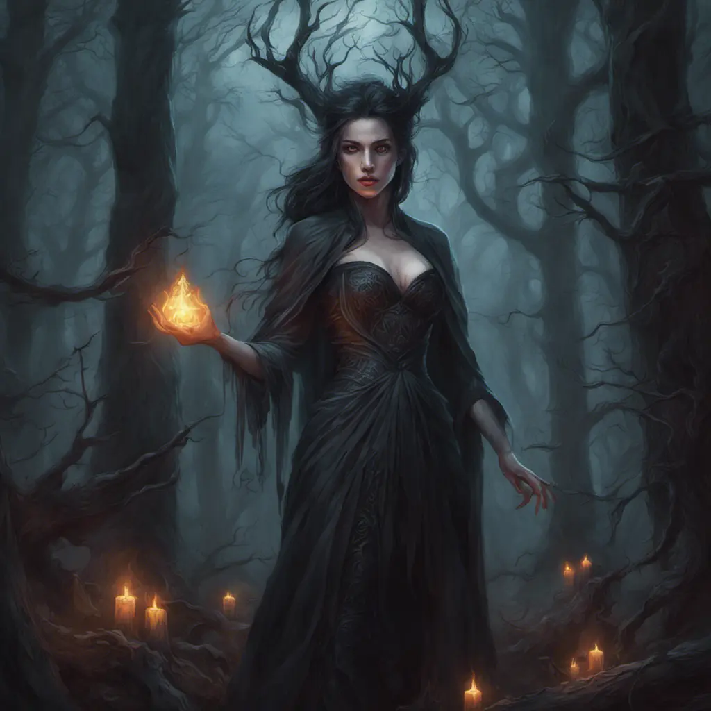 Sorceress in a haunted forest, Highly Detailed, Intricate, Gothic, Volumetric Lighting, Fantasy, Dark by Stanley Artgerm Lau