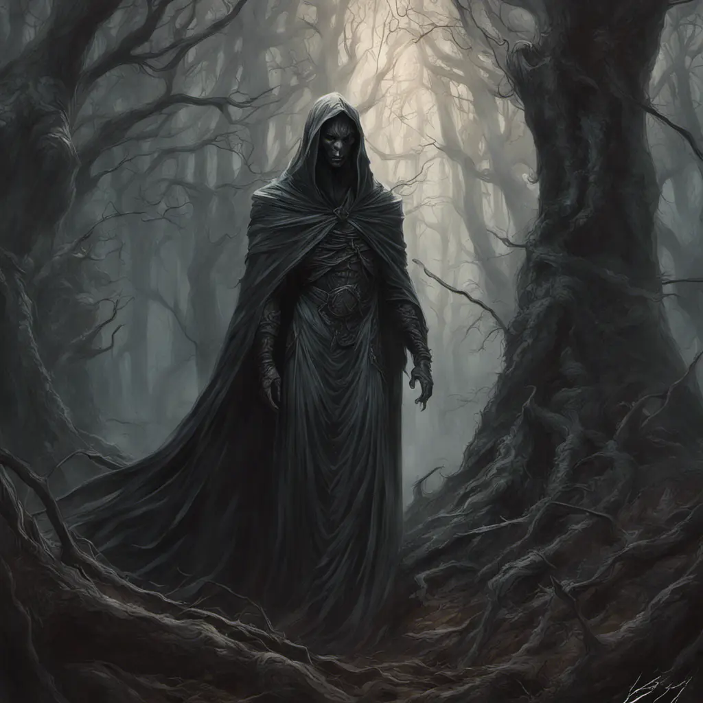 Elden ring wraith in a haunted forest, Highly Detailed, Intricate, Gothic, Volumetric Lighting, Fantasy, Dark by Stanley Artgerm Lau