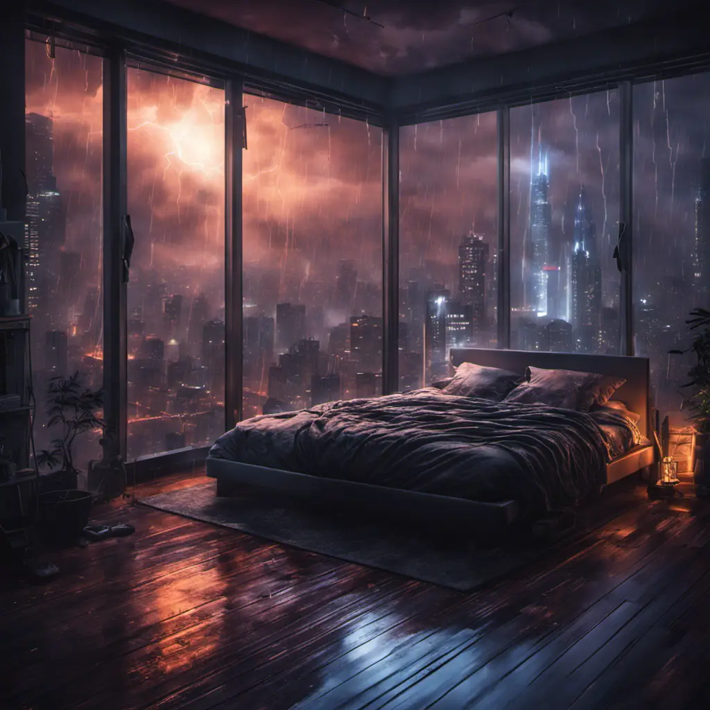 Beautiful cozy bedroom with floor to ceiling glass windows overlooking a cyberpunk city at night, thunderstorm outside with torrential rain, High Resolution, Highly Detailed, Darkwave, Gloomy