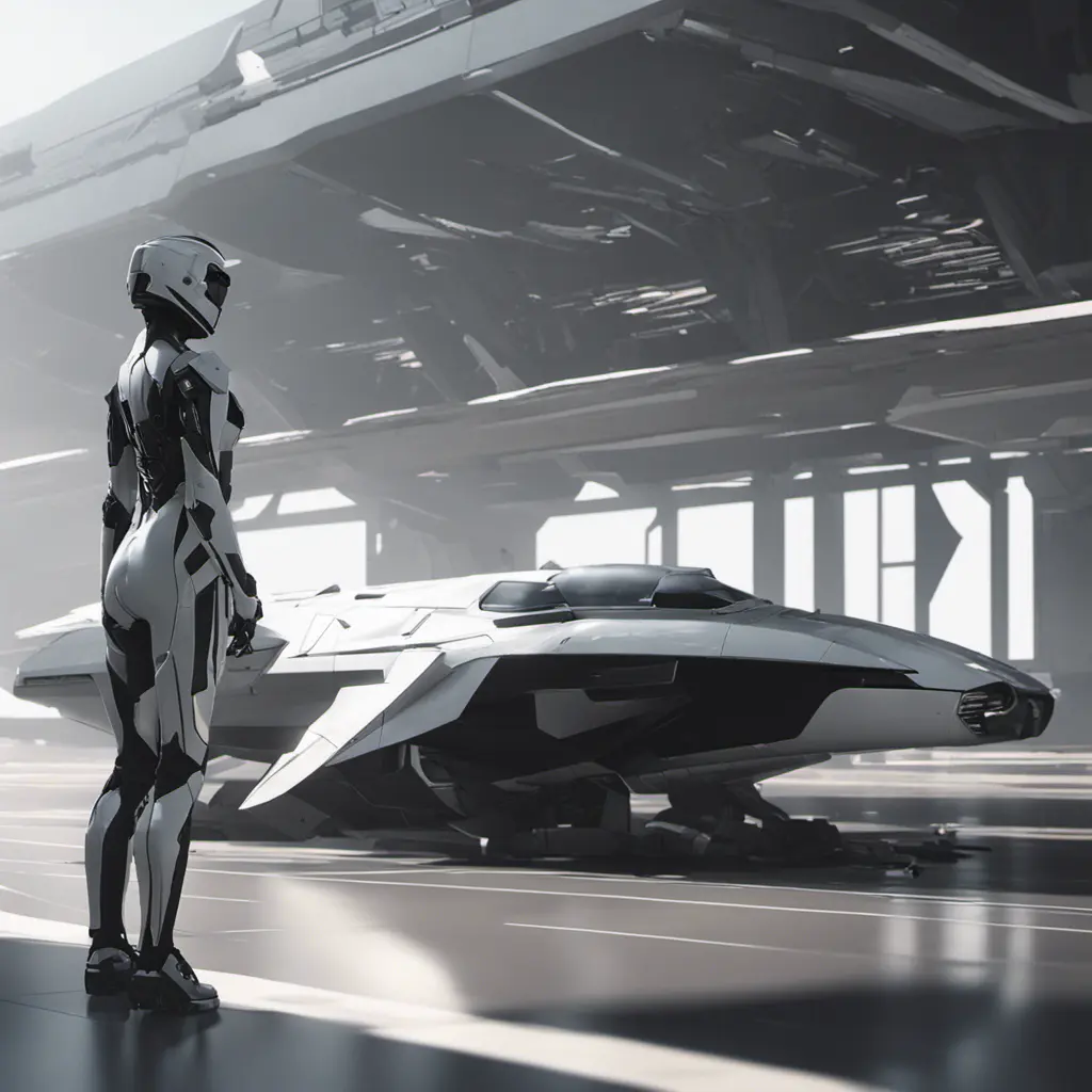 One with a spacecraft parked next to another, in the style of monochromatic compositions, dynamic action sequences, wlop, vray, silver and black, streamline elegance, hisui sugiura, Sci-Fi