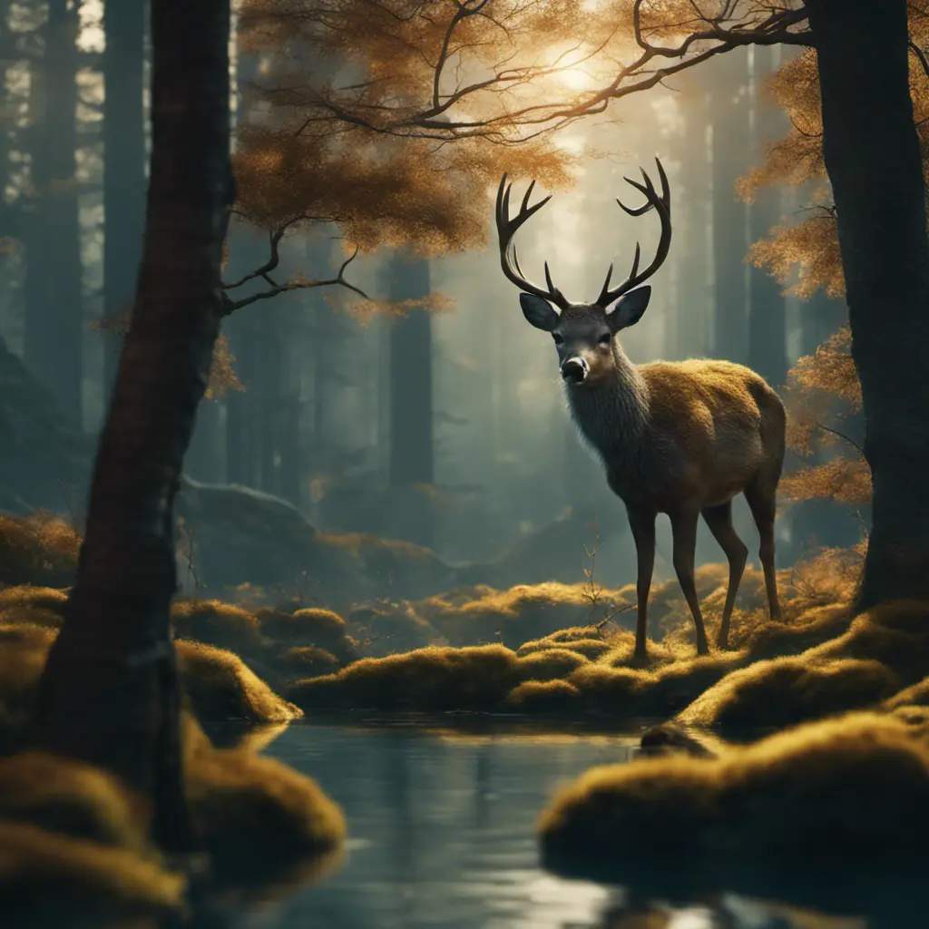 A deer among the trees, forest lake, moss, cold weather, dark teal and amber, Cinematic Lighting, Volumetric Lighting