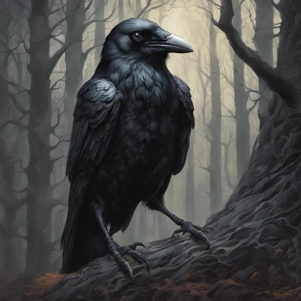 Crow in a haunted forest, Highly Detailed, Intricate, Gothic, Volumetric Lighting, Fantasy, Dark by Stanley Artgerm Lau