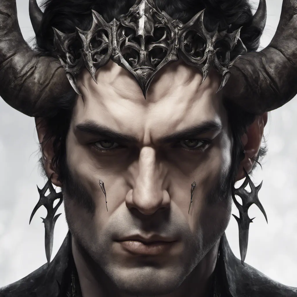 Head of a man with black hair wearing a horned crown, 4k resolution, Ultra Detailed, Closeup of Face, Gothic and Fantasy, Gothic, Horns, Large Eyes, Strong Jaw