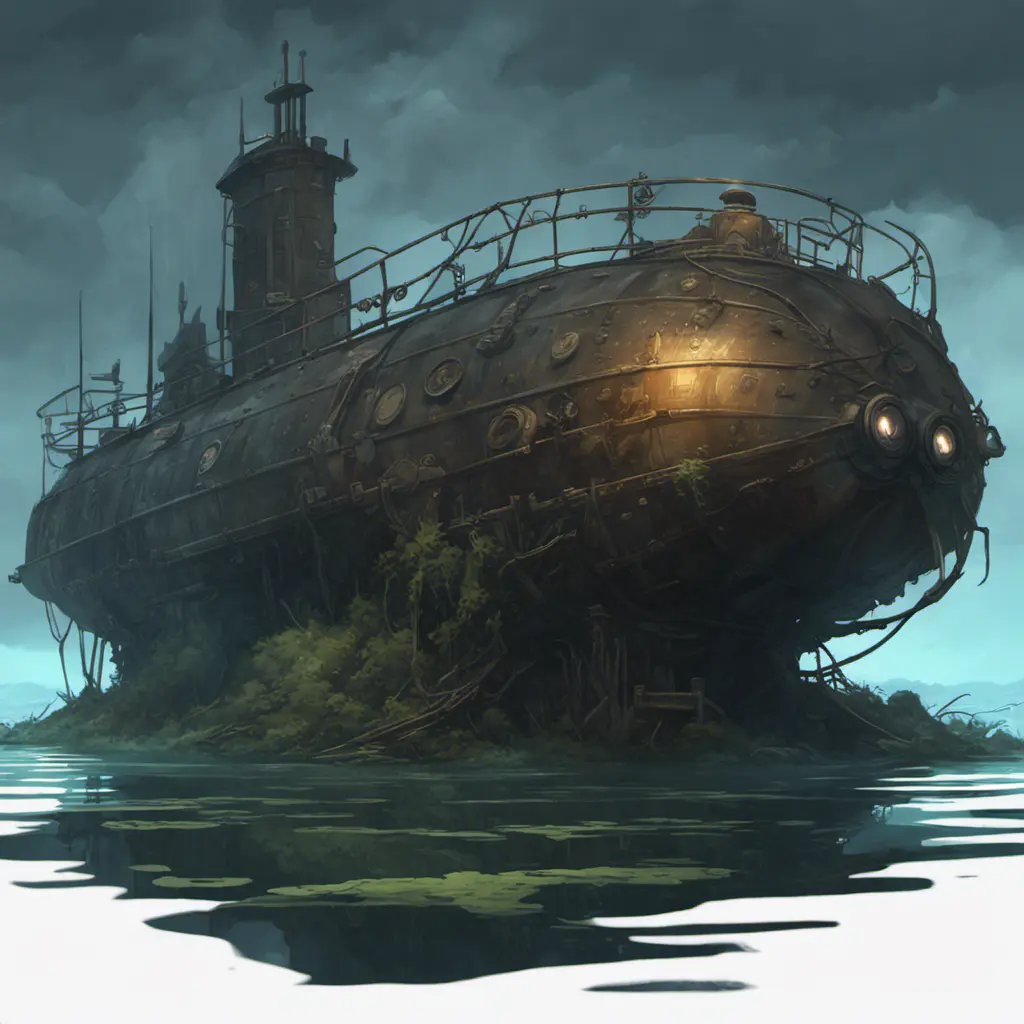 Beached steampunk submarine shipwreck in swamp,  dark atmosphere, night, mijn, highly detailed, digital painting, artstation, concept art, smooth, sharp focus, illustration, art by artgerm and greg rutkowski and alphonse mucha, erte, 8 k, Highly Detailed, Artstation, Digital Painting, Illustration, Sharp Focus, Smooth, Concept Art by Stanley Artgerm Lau, Greg Rutkowski