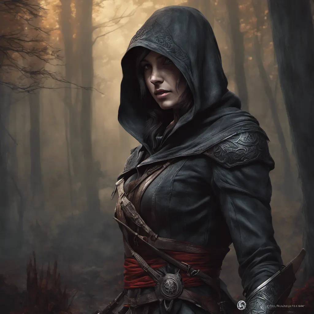 Assassin's creed female assassin in a haunted forest, Highly Detailed, Intricate, Gothic, Volumetric Lighting, Fantasy, Dark by Stanley Artgerm Lau