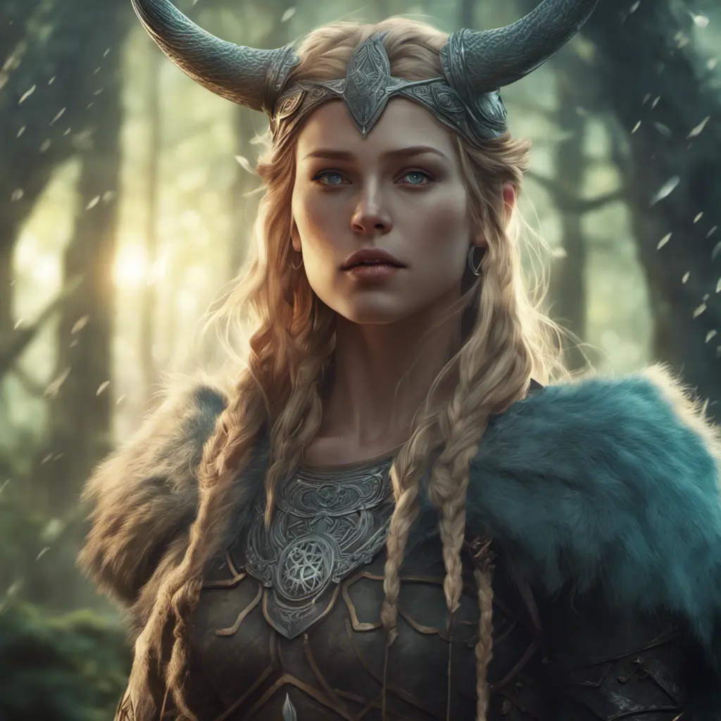 Closeup of a beautiful female viking in a magical forest, 4k, Highly Detailed, Masterpiece, Pretty Face, Digital Illustration, Cinematic Lighting, Realistic, Sharp Focus, Centered, Beautifully Lit, Bioluminescent by Stanley Artgerm Lau