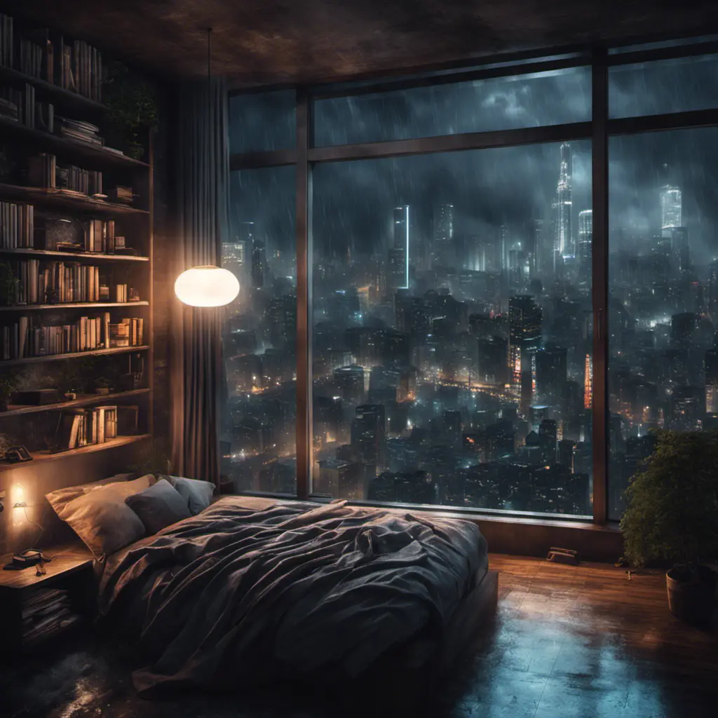 Beautiful cozy, tiny, cramped bedroom with floor to ceiling glass windows overlooking a cyberpunk city at night, view from top of skyscraper, bookshelves, thunderstorm outside with torrential rain, 8k, Highly Detailed, Photo Realistic, Dark, Gloomy