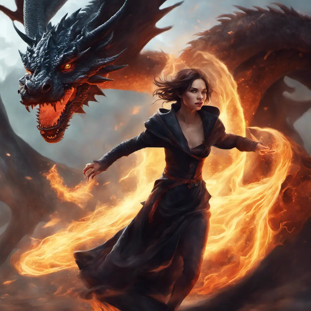 Beautiful sorceress girl running away from dragon, Gothic and Fantasy, Stunning, Digital Painting, Cinematic Lighting, Sharp Focus