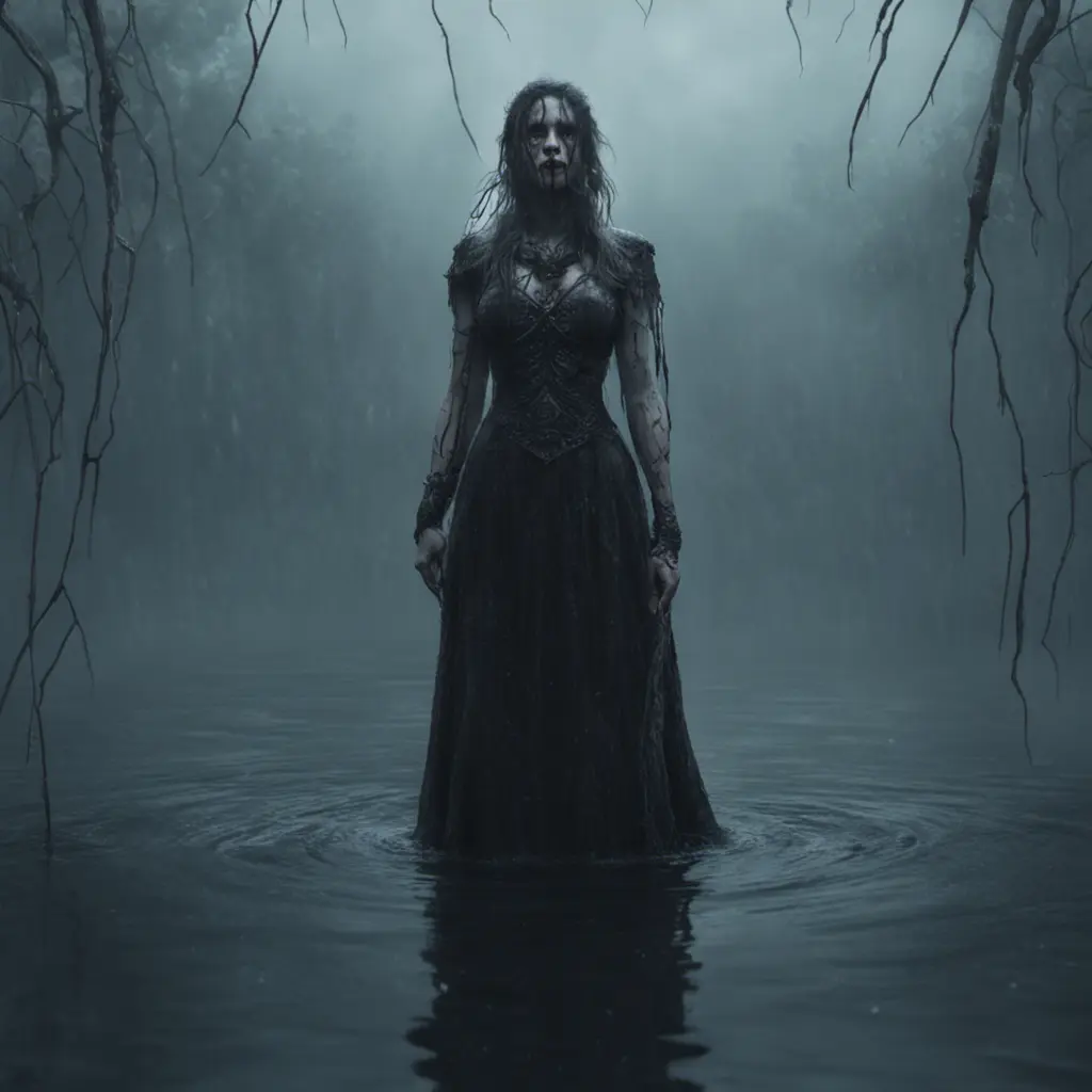 The frightening La Yorona with black eyes on her shoulder stands in a dark lake. Mist. Rain., 8k, HD, Gothic and Fantasy, Trending on Artstation, Sci-Fi, Soft Lighting