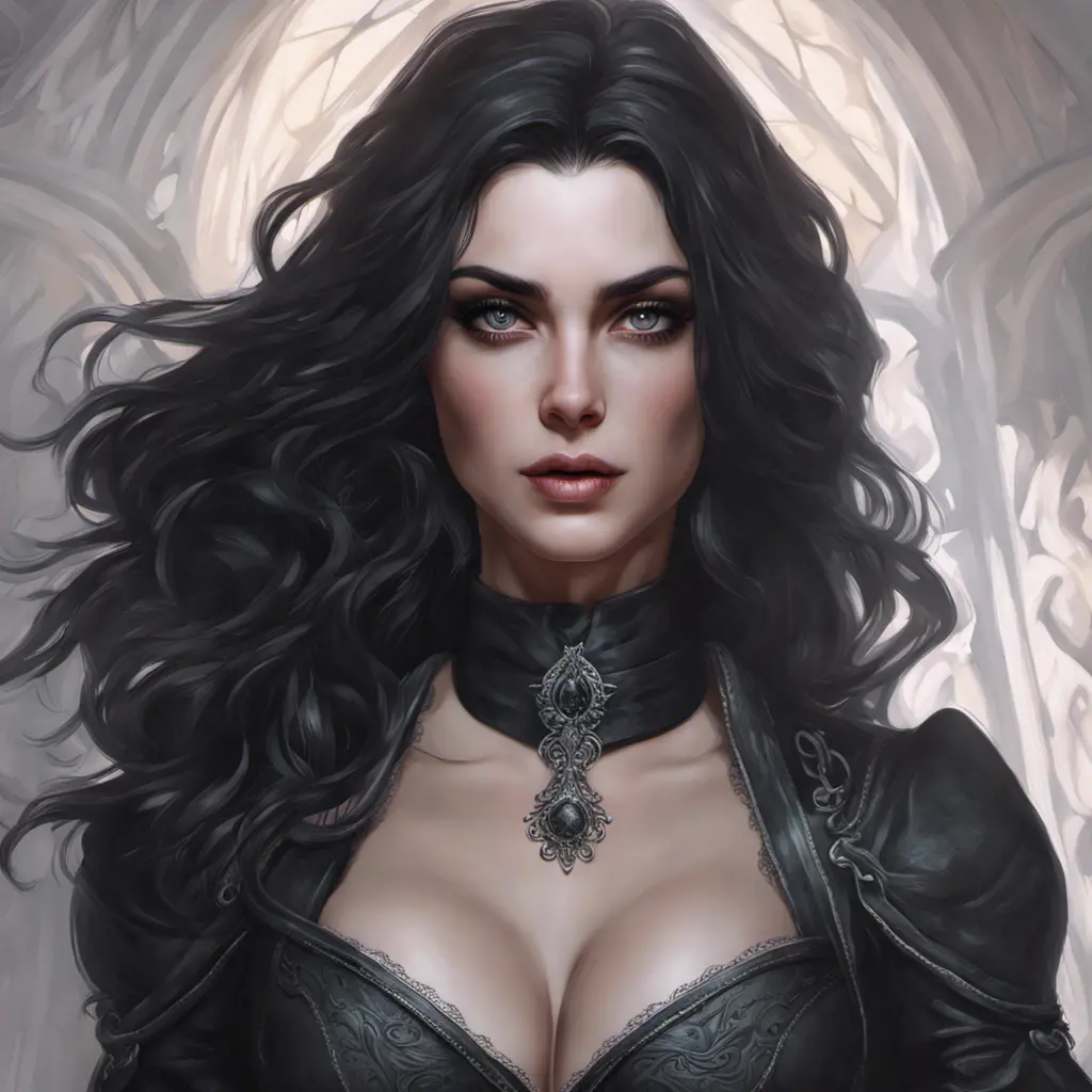 Alluring matte portrait of a beautiful Yennefer from the Witcher in the style of Stefan Kostic, 8k, Highly Detailed, Intricate, Half Body, Realistic, Sharp Focus, Volumetric Lighting, Fantasy, Elegant by Stanley Artgerm Lau, Greg Rutkowski