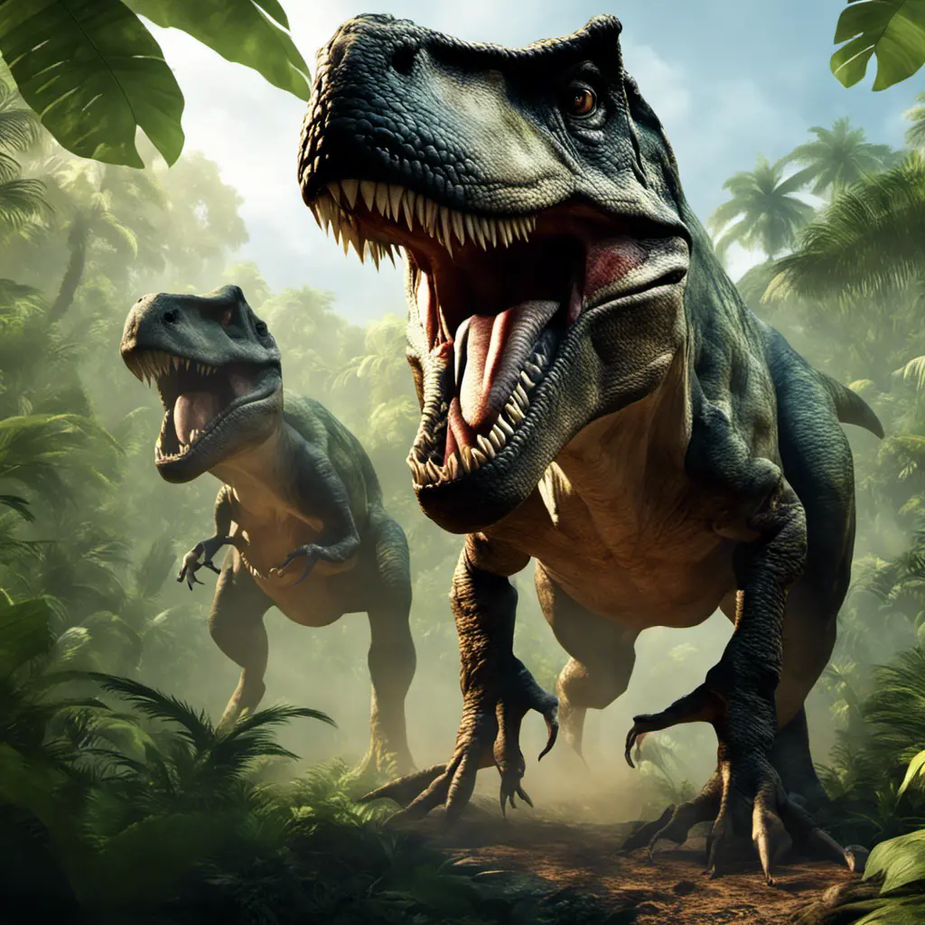 t-rex hunt for prey in lush jungle enviromet, 8k, Ultra Detailed