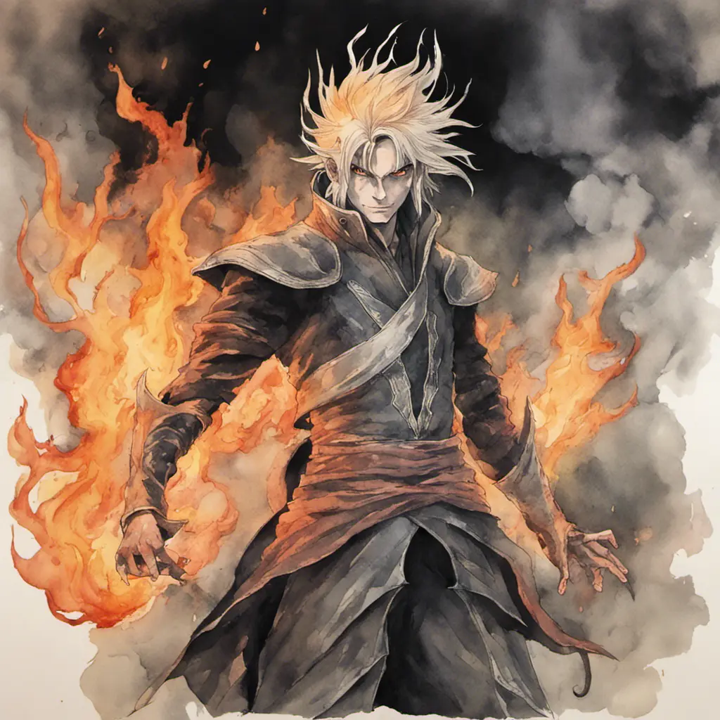 Sauron from LOTR in his elven form in flames and smoke in naruto, Watercolor, Anime, Dark