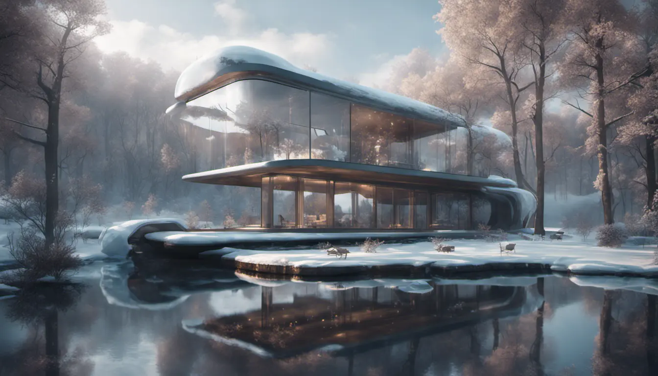 Grand futuristic glass architectural house in the woods surrounded by a lake in winter, Atmospheric, Highly Detailed, Intricate, Trending on Artstation, Stunning, Realistic, Unreal Engine, Dynamic Lighting, Radiant, Fantasy by Greg Rutkowski