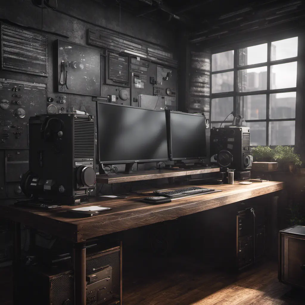 A dark industrial wood desk, with very monitors,very electronic, maximalism, industrial, high tech, ambient occlusion, atmospheric haze, Photo Realistic, Volumetric light effect, Octane Render, Unreal Engine, Wide-angle lens, Ambient Occlusion