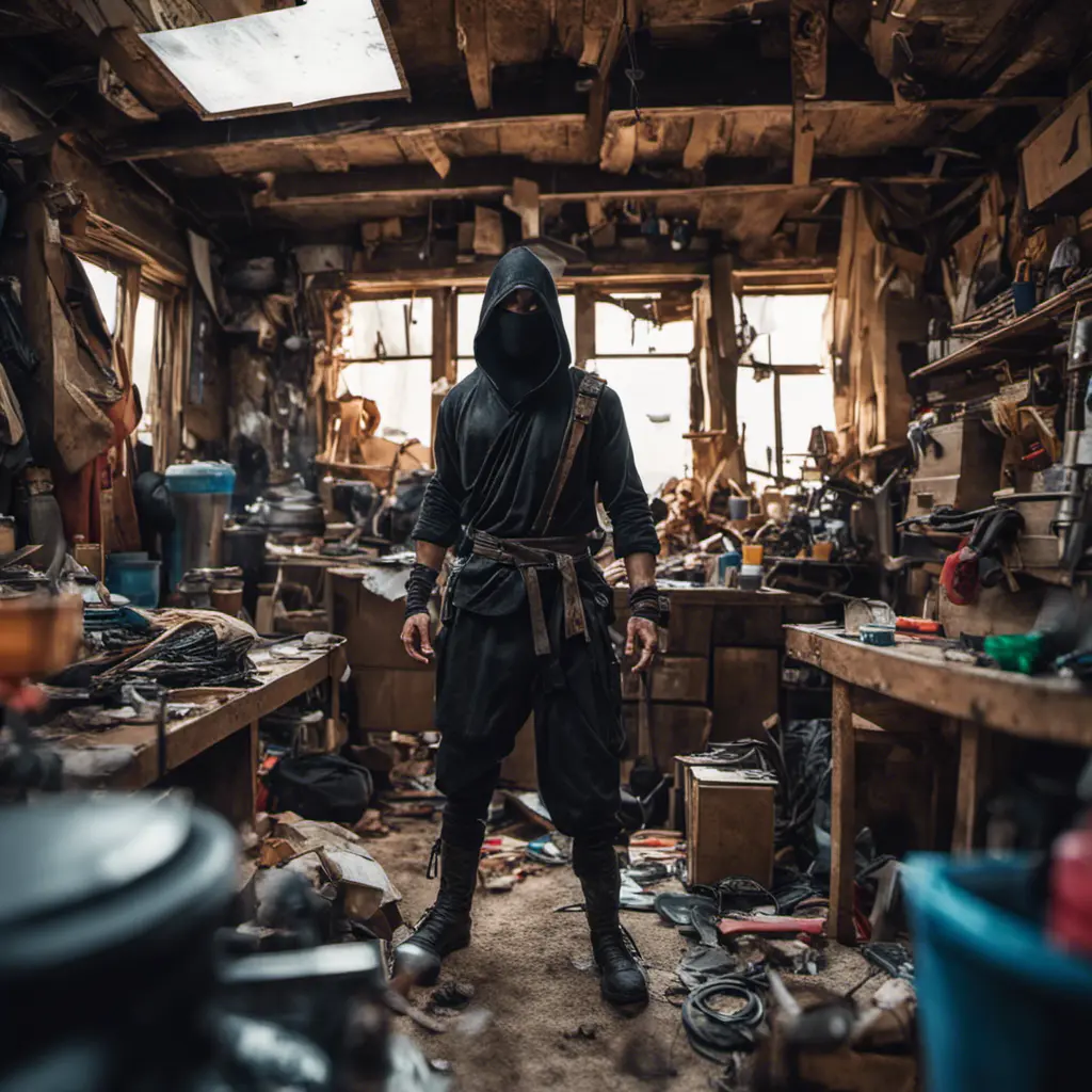 Wide angle Environmental shot of ninja assassin in a cluttered and messy shack, chaotic shack in background, maxilism, Darkwave, Photo Realistic, Sharp Focus, Vibrant Colors