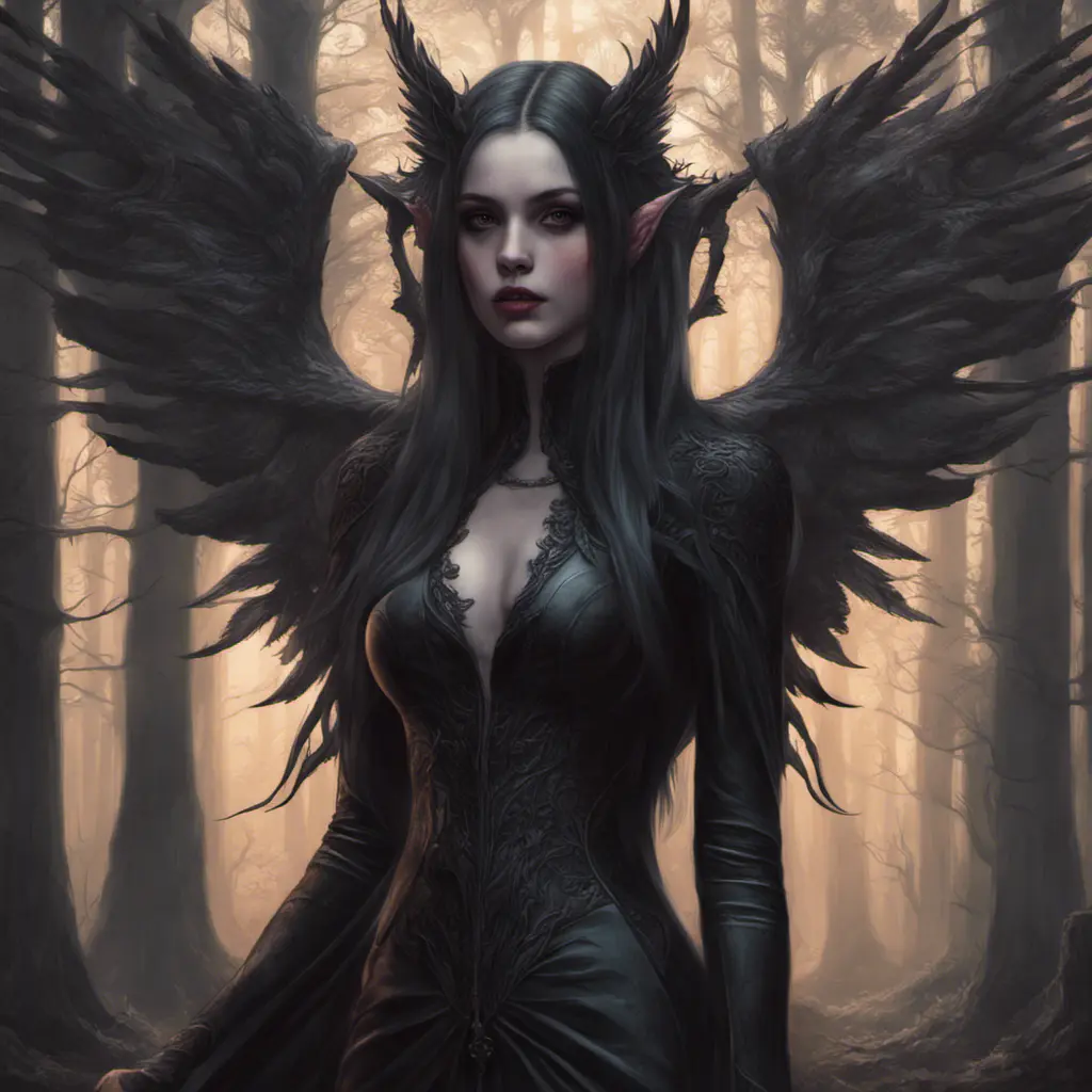 Winged vampiress in a haunted forest, Highly Detailed, Intricate, Gothic, Volumetric Lighting, Fantasy, Dark by Stanley Artgerm Lau