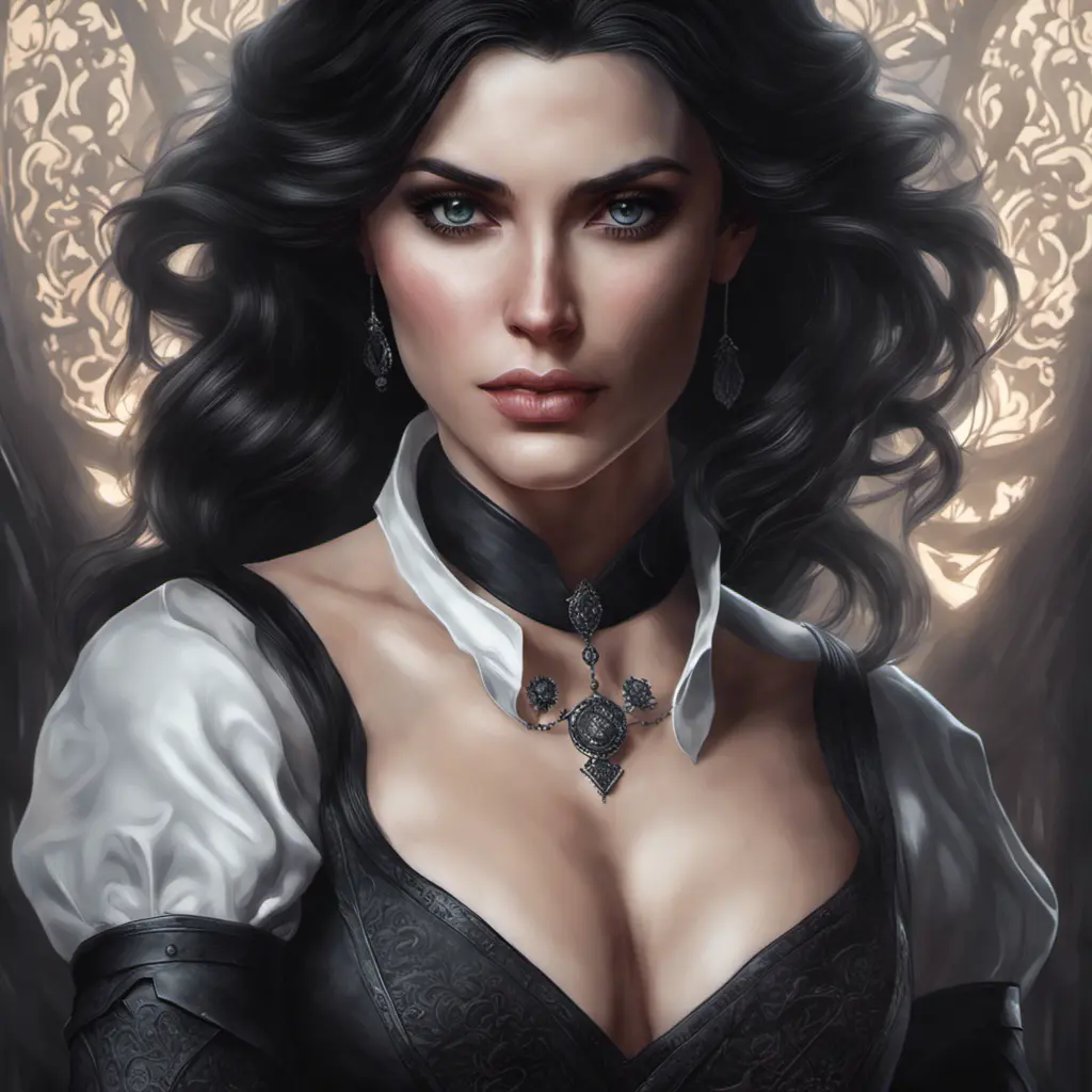 Alluring matte portrait of a beautiful Yennefer from the Witcher in the style of Stefan Kostic, 8k, Highly Detailed, Intricate, Half Body, Realistic, Sharp Focus, Volumetric Lighting, Fantasy, Elegant by Stanley Artgerm Lau, Greg Rutkowski