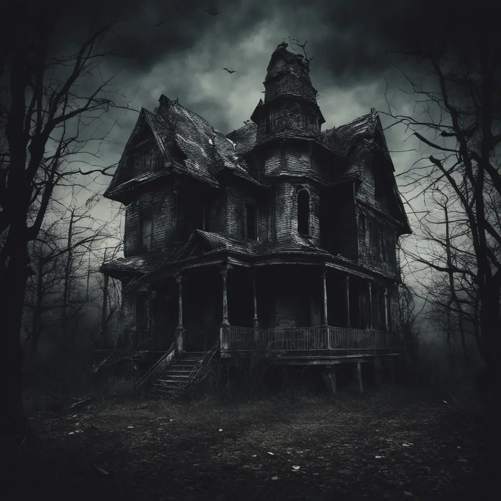 Haunted house with a terrifying atmosphere on a dark night, Dystopian, Dark