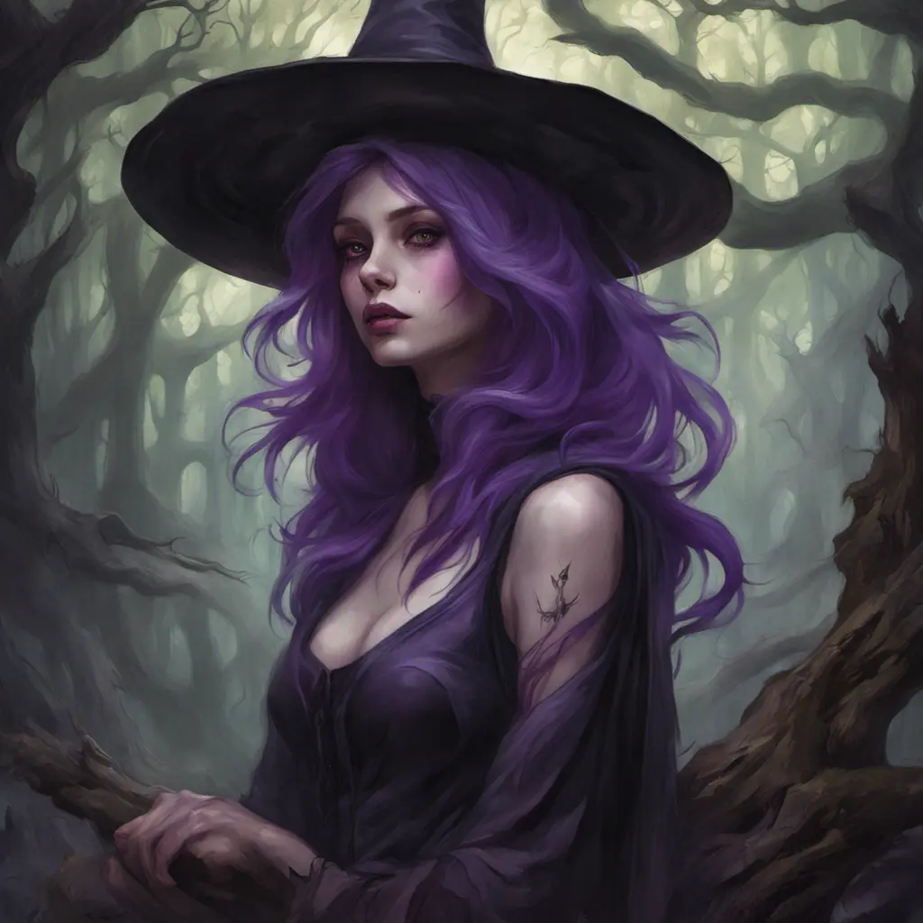 Purple haired witch in a haunted forest, Highly Detailed, Intricate, Gothic, Volumetric Lighting, Fantasy, Dark by Stanley Artgerm Lau