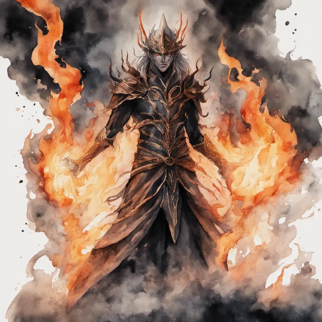 Sauron from LOTR in his elven form in flames and smoke in naruto, Watercolor, Anime, Dark