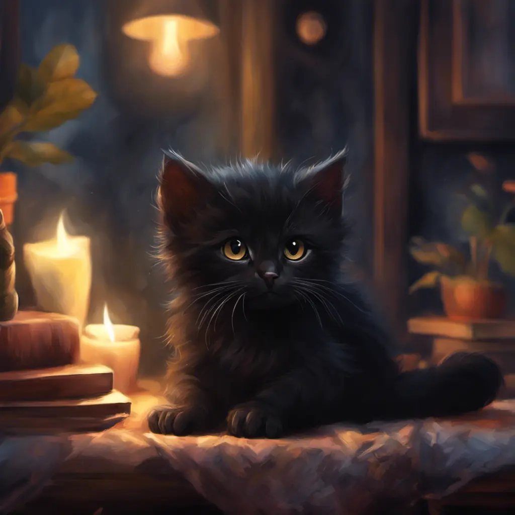 Epic shot of ultra detailed cute black baby cat in a wonderful cozy atmosphere, ultra inviting, luminous, evening atmosphere, little photorealistic, digital painting, sharp focus, ultra cozy and inviting, wish to be there. very detailed, arty, should rank high on youtube for a dream trip., Digital Painting, Sharp Focus