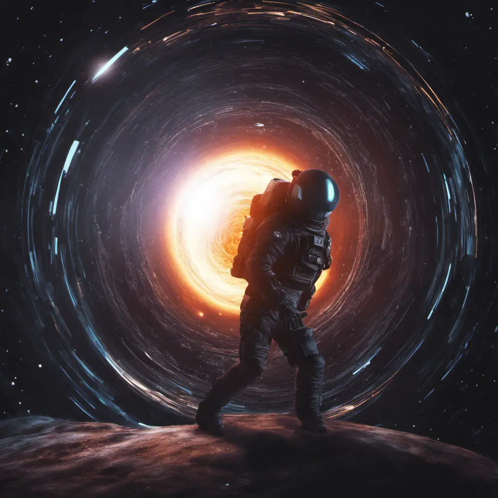 Digital art of Black hole containing strange object astronaut, Sci-Fi, Volumetric Lighting