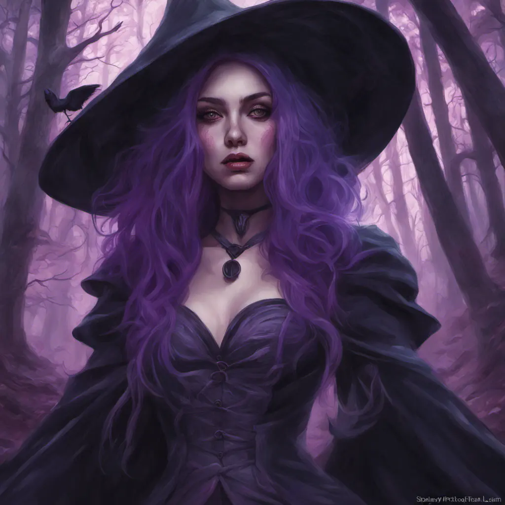 Purple haired witch in a haunted forest, Highly Detailed, Intricate, Gothic, Volumetric Lighting, Fantasy, Dark by Stanley Artgerm Lau