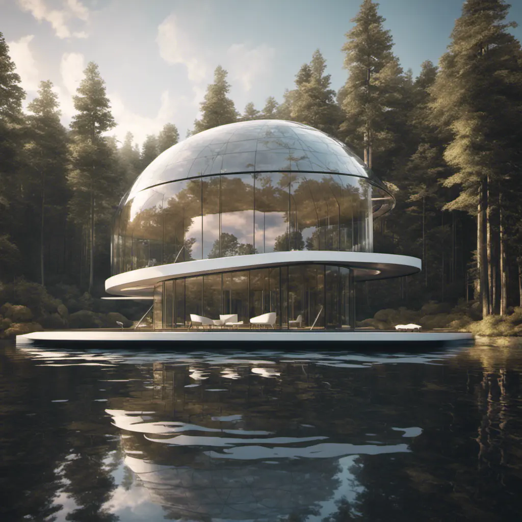 Beautiful futuristic architectural glass house in the forest on a large lake, 8k, Award-Winning, Highly Detailed, Beautiful, Epic, Octane Render, Unreal Engine, Radiant, Volumetric Lighting by Santiago Calatrava