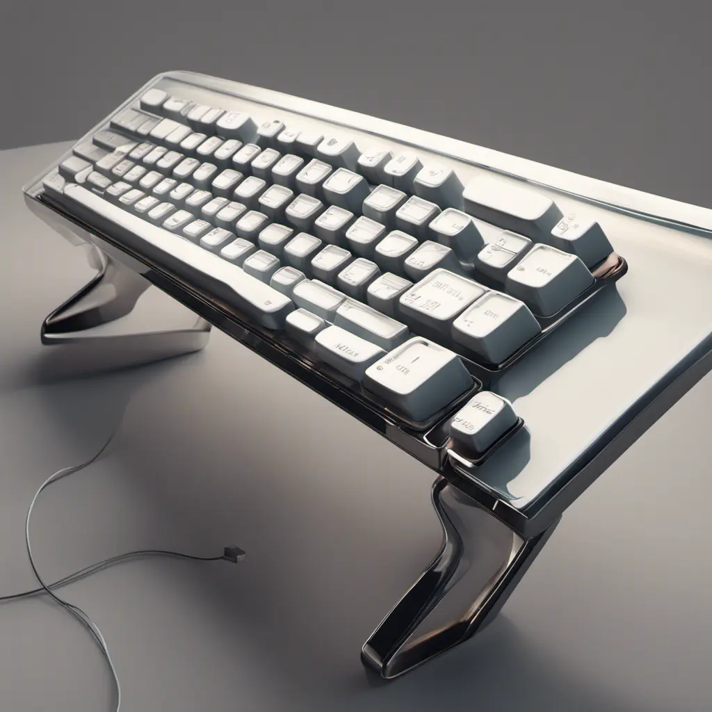 A translucent keyboard, designed by Charles Eames. mid-century modern design inspiration. Beautiful natural lighting, on desk., 8k, Intricate Details, Trending on Artstation, Sci-Fi, Unreal Engine, Volumetric Lighting