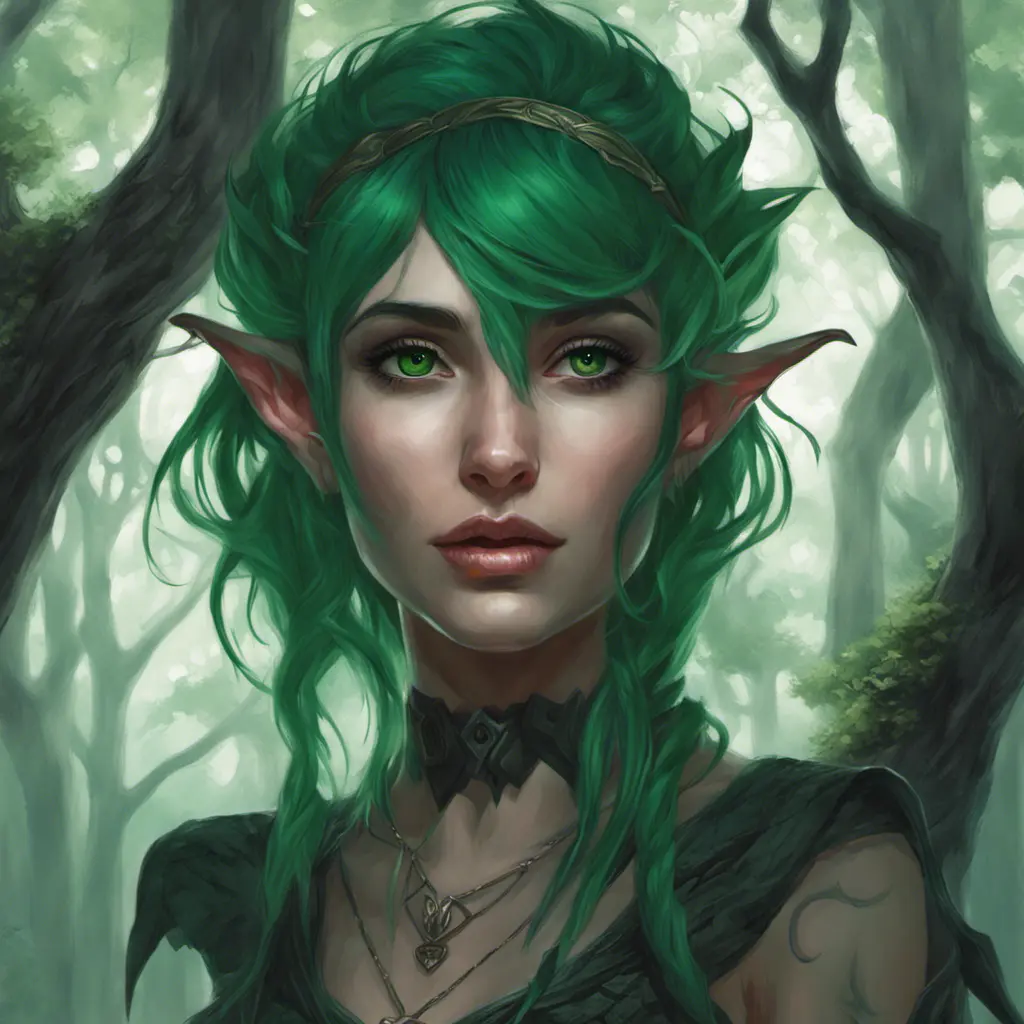 Green haired half-elf in a haunted forest, Highly Detailed, Intricate, Gothic, Volumetric Lighting, Fantasy, Dark by Stanley Artgerm Lau