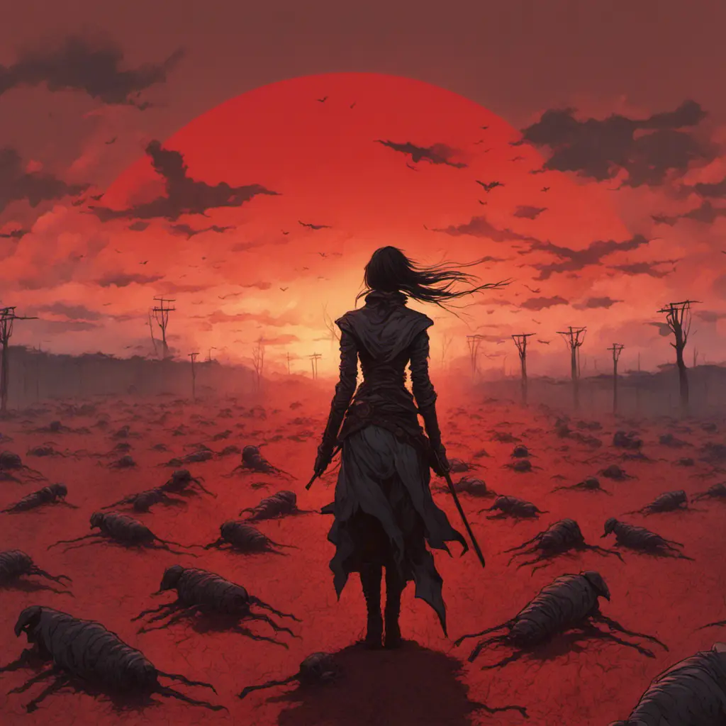 Back view of an assassin woman on a batte field covered by corpses. The sky is colored by a red sun set, Dystopian, Volumetric Lighting