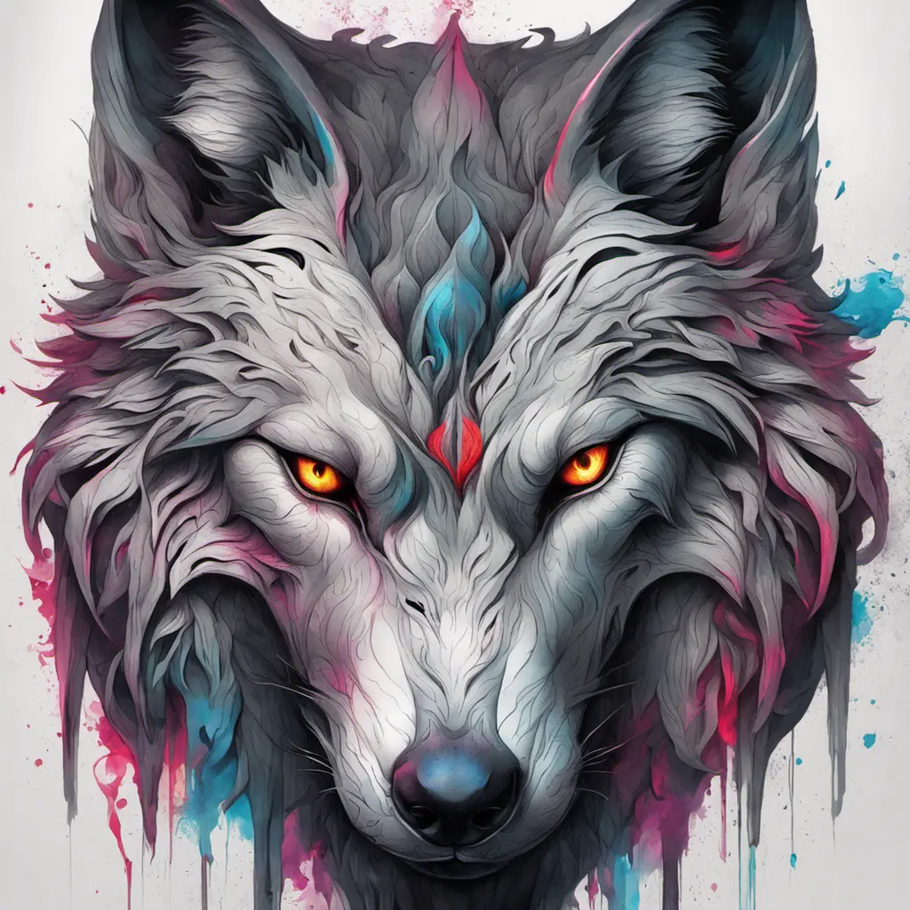 Wolf, Highly Detailed, Intricate, Gothic, Volumetric Lighting, Color Splash, Vibrant Colors, Ink Art, Fantasy, Dark by Stanley Artgerm Lau