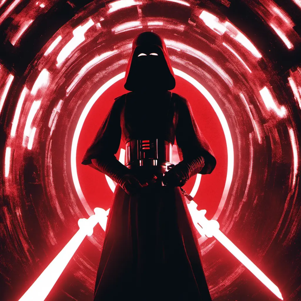 Portrait of a silhouette star wars figure in her red lightsaber, in the style of evocative environmental portraits, dark, red, Sci-Fi, Volumetric Lighting