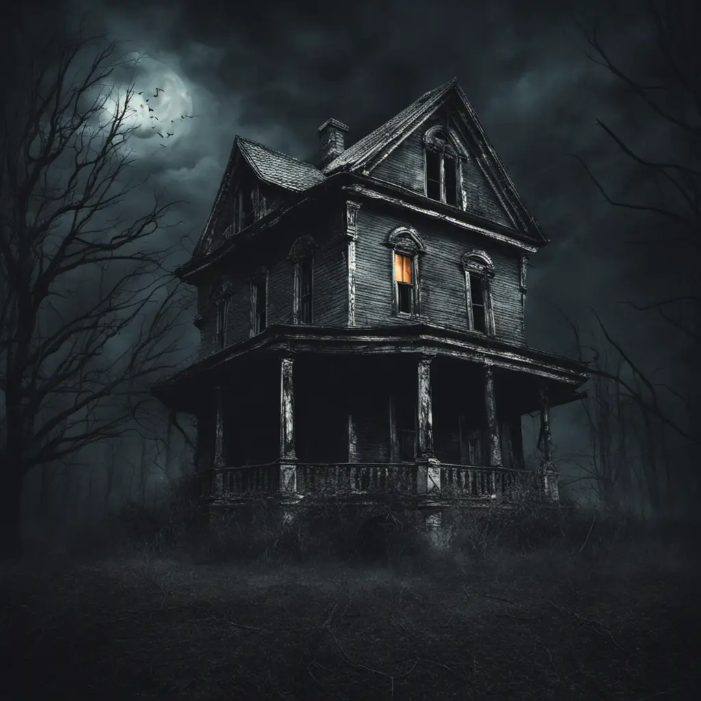 Haunted house with a terrifying atmosphere on a dark night, Dystopian, Dark