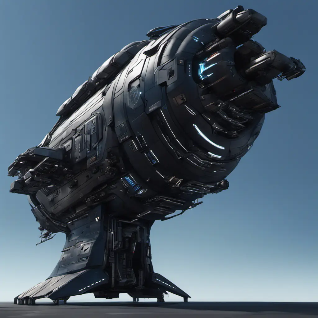 Entire black Spaceship, blue background, from side, Highly Detailed, Unreal Engine