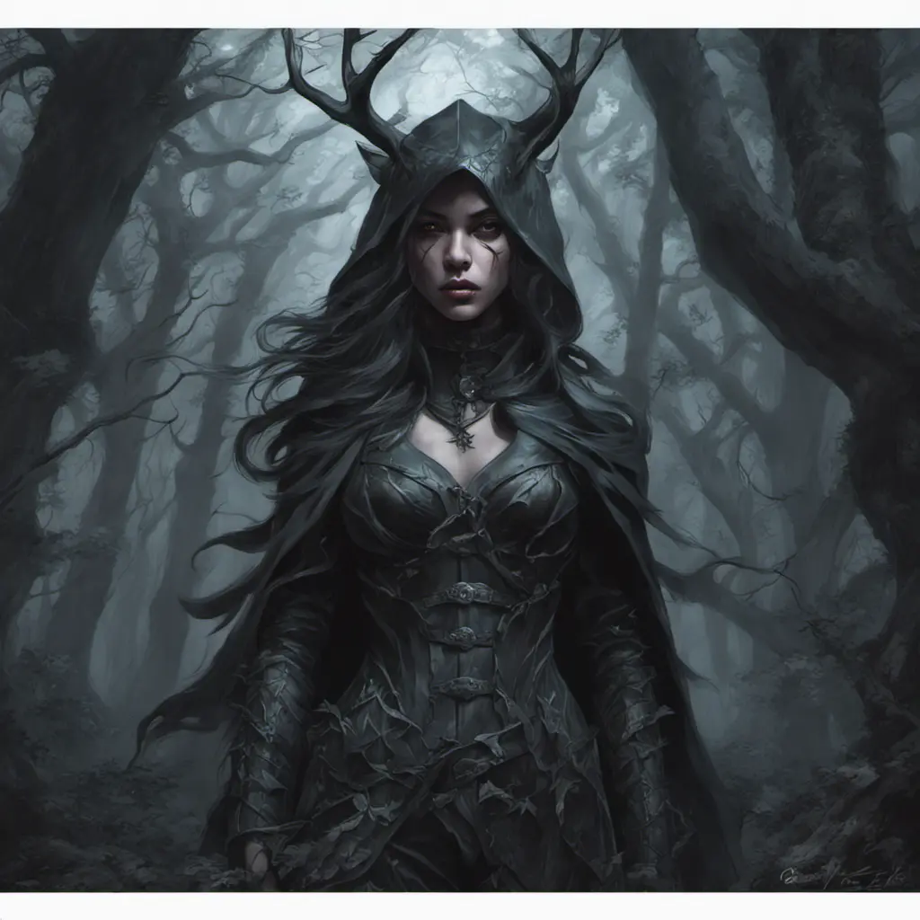 Huntress in a haunted forest, Highly Detailed, Intricate, Gothic, Volumetric Lighting, Fantasy, Dark by Stanley Artgerm Lau