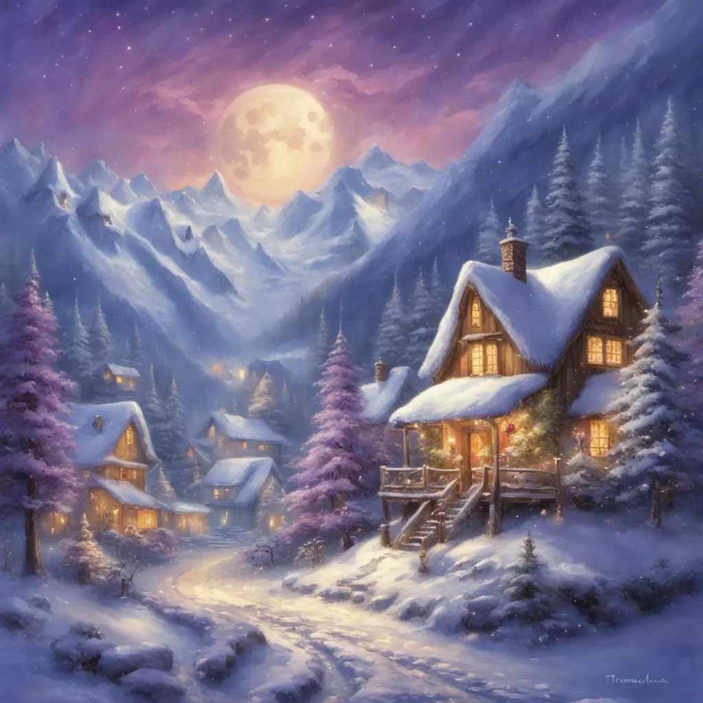 Charming fairy tale village, snow-covered decorated Christmas trees, warm inviting cabin, snowflakes, mountains with waterfall, soft light far-away full moon, glitter, stars, stardust, electric blue and purple sky, Digital Painting, Sharp Focus, Vibrant Colors, Hyper Realistic by Thomas Kinkade