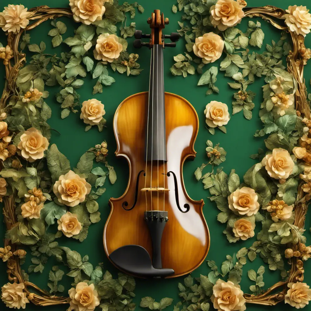 Vintage violin decorated all around with three-dimensional flowers and leaves in green and gold colors, beautiful and pleasant lighting, 8k, Intricate Details, Natural Light