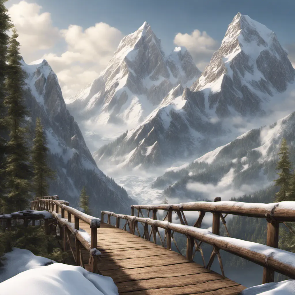 A steep cliff, in the middle of snow-capped mountains go to a big wood bridge., 8k, Masterpiece, Wallpaper, Hyper Realistic